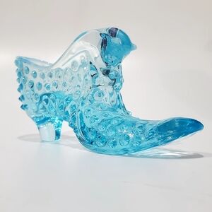 Vntg Fenton Hobnail Light Aqua Sky Blue Opalescent Rim Cat Head Glass Slipper